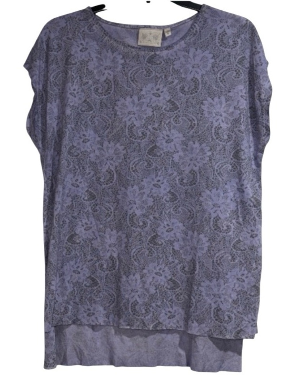Dantelle Lavender shirt Lace print Blouse medium high low capped sleeve